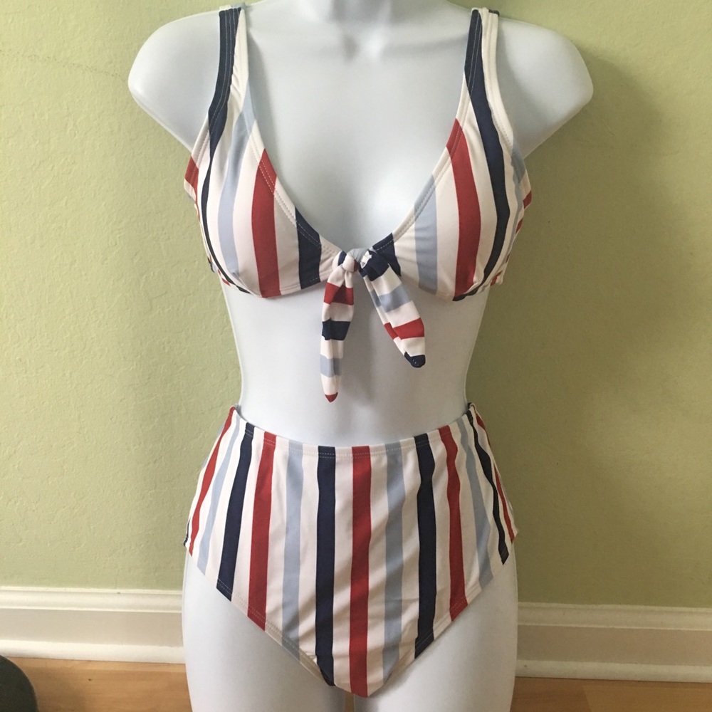 Two piece striped knot front swimsuit